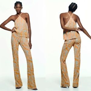 NWT Zara Jacquard Flare Leg Vented Pants | Coral + Blue| Women’s Size Medium